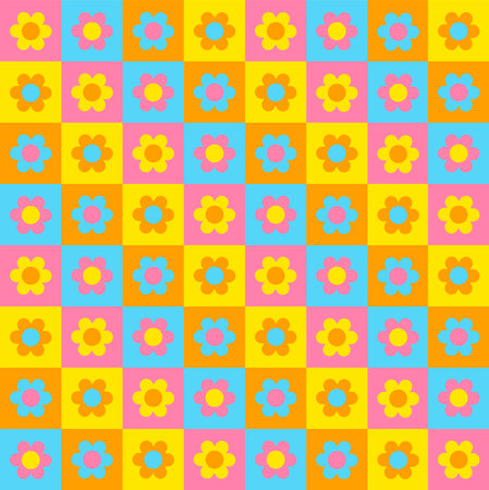 Pastel Blue Pink Yellow Orange Color Daisy Flower Check Checkered Plaid Gingham Pattern Illustration Tablecloth, Picnic mat wrap paper, Mat, Fabric, Textile, Scarfのイラスト素材