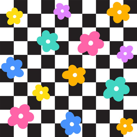 Pastel Rainbow Color Daisy Flower Black Check Checkered Plaid Gingham Pattern Illustration Tablecloth, Picnic mat wrap paper, Mat, Fabric, Textile, Scarfのイラスト素材