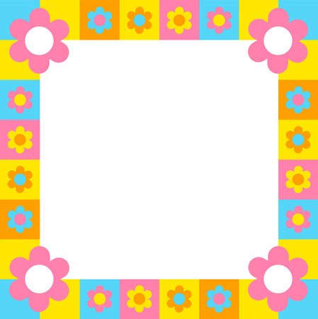 Pastel Blue Pink Yellow Orange Color Daisy Flower Check Checkered Plaid Gingham Pattern Illustration Frame and Border Tablecloth, Picnic mat wrap paper, Mat, Fabric, Textile, Scarfのイラスト素材