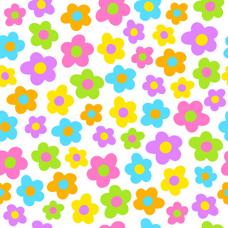 Cute Beautiful Ditsy Flowers Repeating Colorful Neon Floral Hand drawn Illustration Vector Seamless Pattern Texture Textile Fabric Print White Background paper, cover, fabric, interior decorのイラスト素材