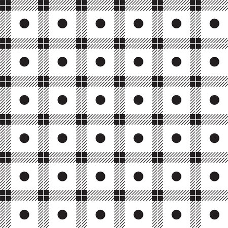 Cute Polkadot Circle Round Dot Geometry Element Black White Grey Stripe Striped Line Checkered Plaid Tartan Buffalo Scott Gingham Pattern Cartoon Vector Seamless Pattern Print Mat Backgroundのイラスト素材