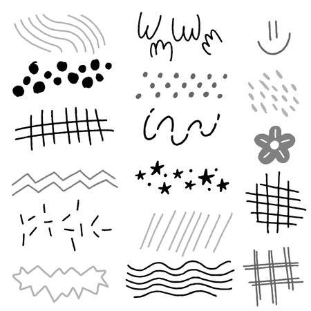 Abstract Black White Line Form Doodle Hand Drawing Pen Paint Marker Brush Ink Scribble Mesh Polkadot Flower Smile Star Texture Pattern Collection Set Vector Illustrationのイラスト素材