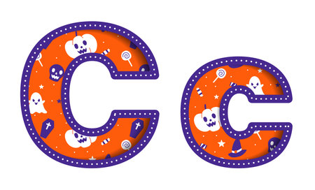 Cute Happy Halloween C Alphabet Capital Small Letter Party Font Typography Character Cartoon Spooky Horror colorful Paper Cutout Type design celebration vector Illustration Skull Pumpkin Bat Witch Hatのイラスト素材