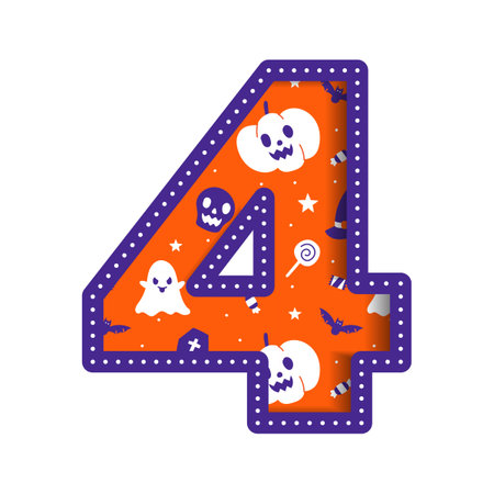 Cute Happy Halloween Number 4 Four Numeral Numeric Party Font Character Cartoon Spooky Horror Colorful Paper Cutout Type design celebration vector Illustration Skull Pumpkin Bat Witch Hat Spider Webのイラスト素材