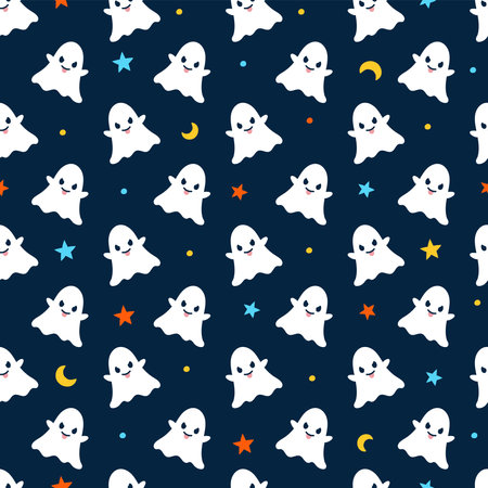 Cute Happy Halloween white ghost ghosts cartoon seamless pattern vector black background ghost star crescent moonのイラスト素材
