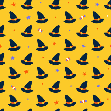 Cute Happy Halloween witch hat hats cartoon seamless pattern vector yellow background ghost star Lollipop candyのイラスト素材