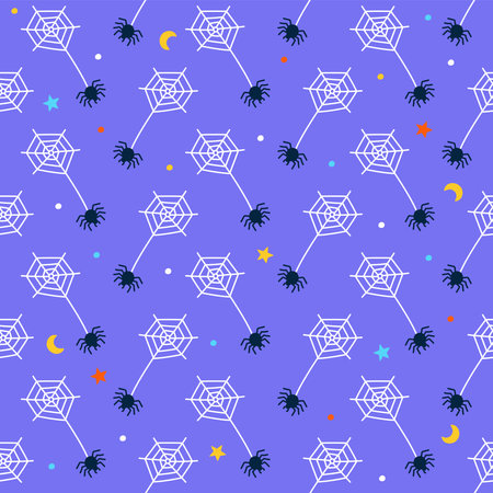 Cute Happy Halloween white spider web black widow spider ghost cartoon seamless pattern vector violet background star crescent moonのイラスト素材