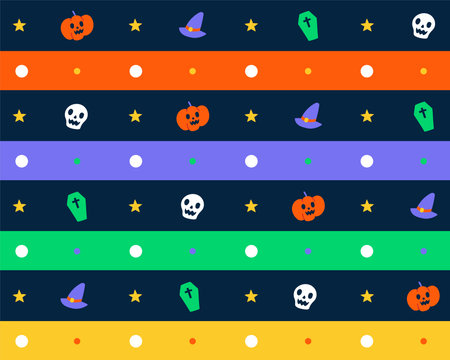 Cute Happy Halloween Horizontal Line Stripe Dot Dash Line Circle Seamless Pattern ghost, skull, pumpkin, coffin, witch hatのイラスト素材