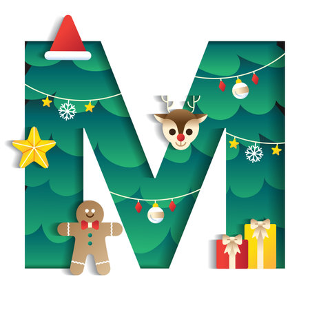 Letter M Alphabet Font Cute Merry Christmas Concept Reindeer Star Gift Gingerbread Man Christmas Tree Character Font Christmas Hat Element Cartoon Green 3D Paper Layer Cutout Card Vector Illustrationのイラスト素材