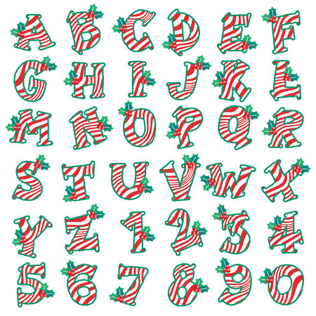 Cute Merry Christmas Holiday Party Candy Cane Holly Lollipop Alphabet Number Numeral font Letter design hand draw cartoon Christmas Celebration Christmas Swirl Texture vector illustration Decorationのイラスト素材