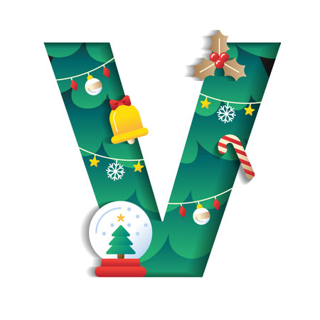 Letter V Alphabet Font Cute Merry Christmas Concept Mistletoe Bell Candy Cane Snowglobe Christmas Tree Character Font Christmas Element Cartoon Green 3D Paper Layer Cutout Card Vector Illustrationのイラスト素材