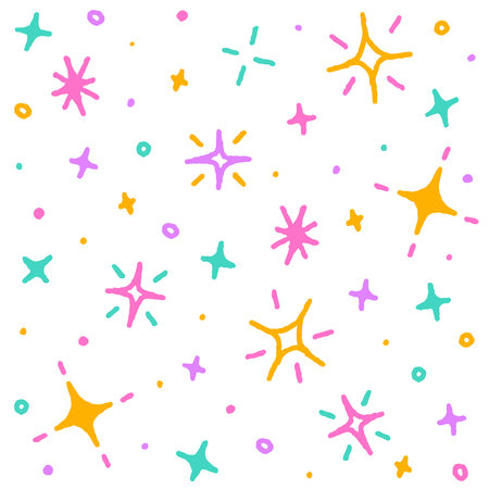 Cute Confetti Sprinkle Sparkle Firework Glitter Star Ditsy Shine Small Polkadot Dot Line Abstract Hand Drawing Cartoon Colorful Pastel Seamless Pattern Background for Party Celebrationのイラスト素材