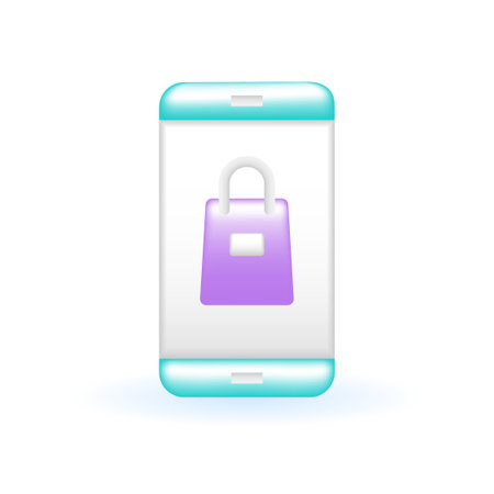 3D Mobile Phone Online Store App Bag Icon. Marketing Online Shopping Concept. Glossy Glass Plastic Pastel Color. Cute Realistic Cartoon Minimal Style. 3D Render Vector Icon UX UI Isolated Illustrationのイラスト素材