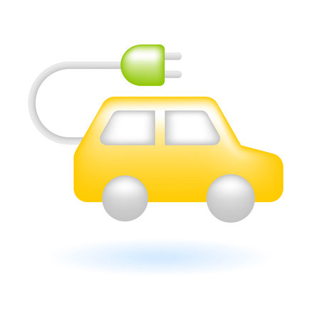 3D EV Car Electric Car with Plug Icon. Eco Sustainability Environment Concept. Glossy Glass Plastic Color. Cute Realistic Cartoon Minimal Style. 3D Render Vector Icon UX UI Isolated Illustration.のイラスト素材