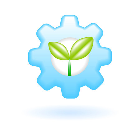 3D Green Leaf Gear with Plant Icon. Eco Sustainability Environmental Concept. Glossy Glass Plastic Color. Cute Realistic Cartoon Minimal Style. 3D Render Vector Icon UX UI Isolated Illustration.のイラスト素材