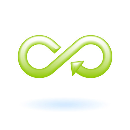 3D Green Infinity Sign Arrow Loop Icon. Eco Sustainability Environmental Concept. Glossy Glass Plastic Color. Cute Realistic Cartoon Minimal Style. 3D Render Vector Icon UX UI Isolated Illustration.のイラスト素材