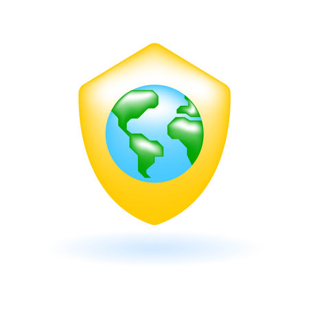 3D Earth Shield Protect World Globe Icon. Eco Sustainability Environmental Concept. Glossy Glass Plastic Color. Cute Realistic Cartoon Minimal Style. 3D Render Vector Icon UX UI Isolated Illustration.のイラスト素材
