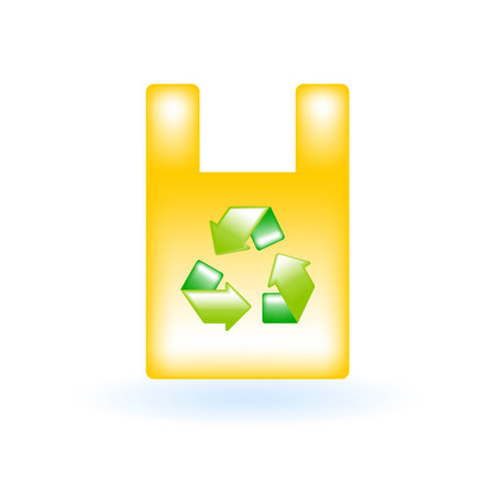 3D Plastic Bag with Recycle Sign Icon. Eco Sustainability Environmental Concept. Glossy Glass Plastic Color. Cute Realistic Cartoon Minimal Style. 3D Render Vector Icon UX UI Isolated Illustration.のイラスト素材