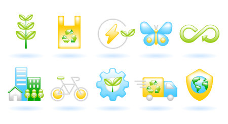 3D Icon Set of Ecology Sustainability Environment Concept. Plant, Bag, Energy, Butterfly, Infinity, City, Bike, Gear, Truck, Shield. Cute Cartoon Minimal. 3D Render Vector Icons Isolated Illustration.のイラスト素材