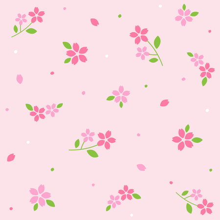 Cute Doodle Pink Sakura Flower Japan Flower Element with Leaves Floral Ditsy Leaf Polkadot Dot Confetti. Abstract Organic Shape Hand Drawn Hand Drawing Cartoon. Color Seamless Pattern Pink Background.のイラスト素材