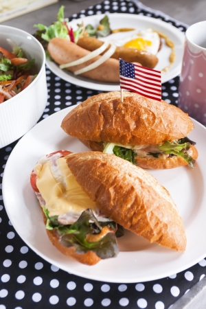 Ham Cheese burger  on polka dots background の写真素材