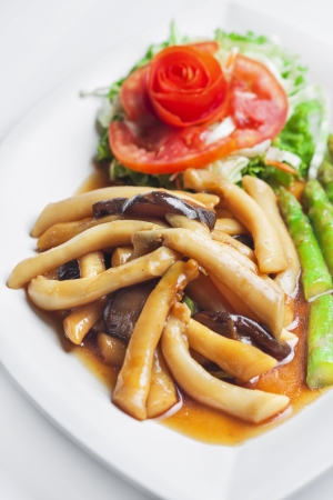 Stir-fried mixed vegetables and Razor shell on white background の写真素材