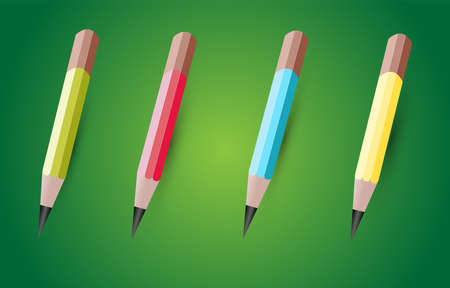 four colored pencils  on green background,vector  Illustration.のイラスト素材