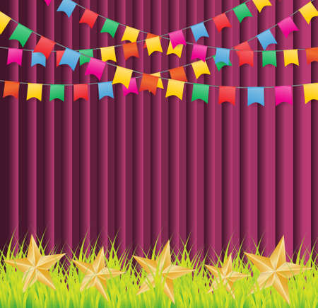 Pink background adorned with colorful flags and gold stars on green grass,vector  illustration.のイラスト素材