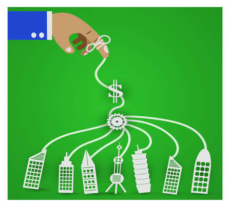 Businessman Control  money on Build multiple buildings.Business Advisors.Business concept ,vector illustration.のイラスト素材