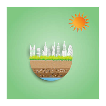 Eco green city,Save the world and environment paper art style,Vector illustration.のイラスト素材