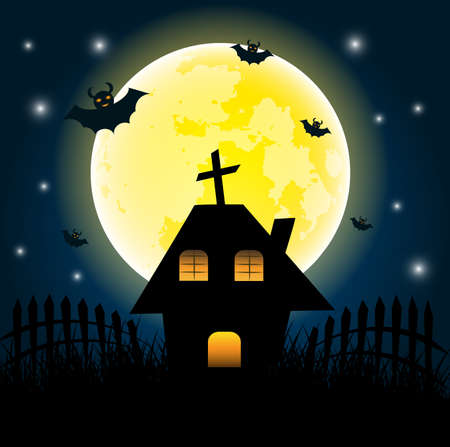 Halloween day and dark house on yellow Moon background.vector, illustration.のイラスト素材