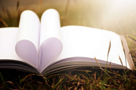 Close up heart shape from paper book on grass field with vintage filter blur backgroundの写真素材