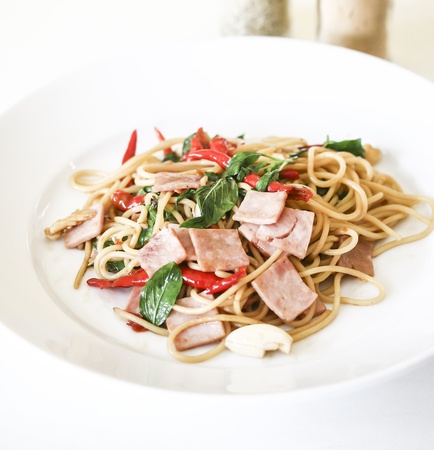 spaghetti with smoked sausageの写真素材