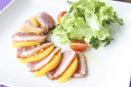 vegetable salad with fried duckの写真素材