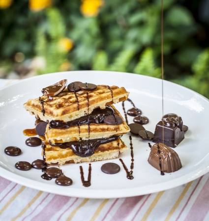 Waffle on top with chocolateの写真素材