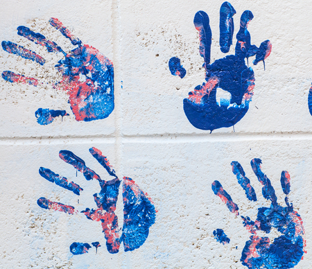 Close up of colored hand printの写真素材