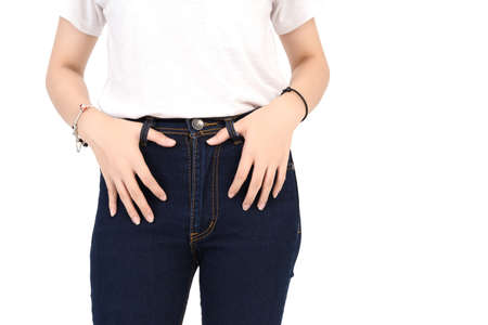 Denim blue jeans cotton pants skinny fashions Closeup, Slim fit of legs standing longer body female,...