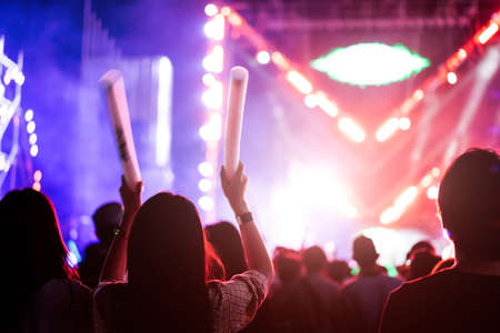 Two women friends crowd concert stage lights and people fan audience silhouette raising hands glow...