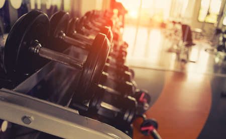 Dumbbell with rack for workout exercise muscle building strong heavy weight in fitness gym and healthy lifestyleの写真素材