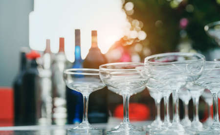 Closeup many wine and cocktail glass for party outdoor relax celebrate alcohol luxury drink beverage...