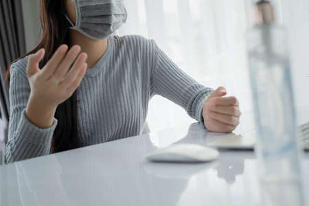 Asian woman video conference user interface with laptop computer remotely working from home social...