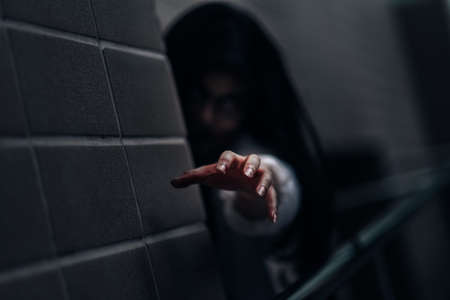 Horror scene of ghost woman death halloween festival in the dark houseの写真素材