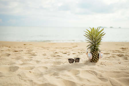 Pineapples in stylish sunglasses on sand travel tropical weekend in holidays summer season resting healthy concept.の写真素材