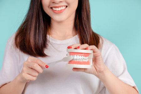 Dental Beautiful smiling of young asian woman teach correct teeth brushing  and toothbrush for white teeth increase confidence for healthy on blue background isolated, Happiness facial expression.の写真素材
