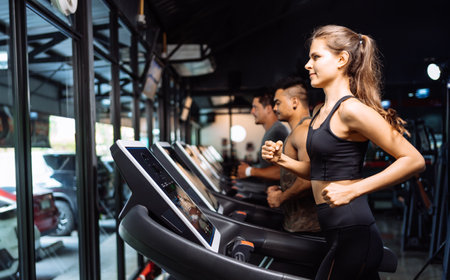Sporty Group Running Cardio on Treadmills Exercise Burning Calorie in Fitness Gym Fit Body Healthy Lifestyle Athlete Muscle Building Strong Endurance in Health Club.の写真素材