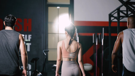 Athlete Sporty Group Cardio Exercise Burning Calorie in Fitness Gym Fit Body Healthy Lifestyle Athlete Muscle Building Strong Endurance in Health Club.の写真素材