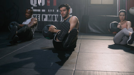 Athlete Sporty Group Cardio Exercise Burning Calorie HIIT in Fitness Gym Fit Body Healthy Lifestyle Athlete Muscle Building Strong Endurance in Health Club.の写真素材