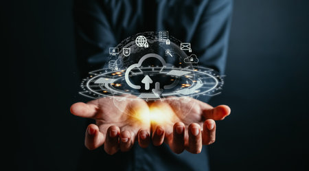 cloud upload and download on system network. Businessman hold virtual cloud computing to lock and...