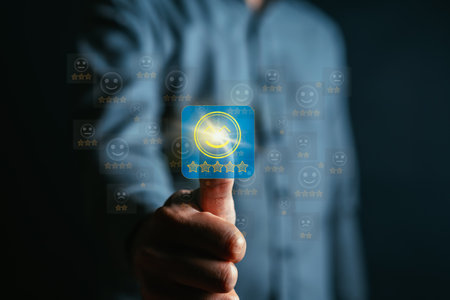 Customer businessman touching and selective glowing illustration five stars emoticon giving rating service on virtual screen for satisfaction evaluation survey and review.の写真素材