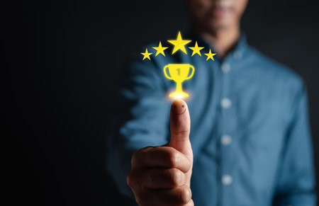 Customer satisfaction concept. Hand with thumb up Positive emotion smiley face icon and five star...